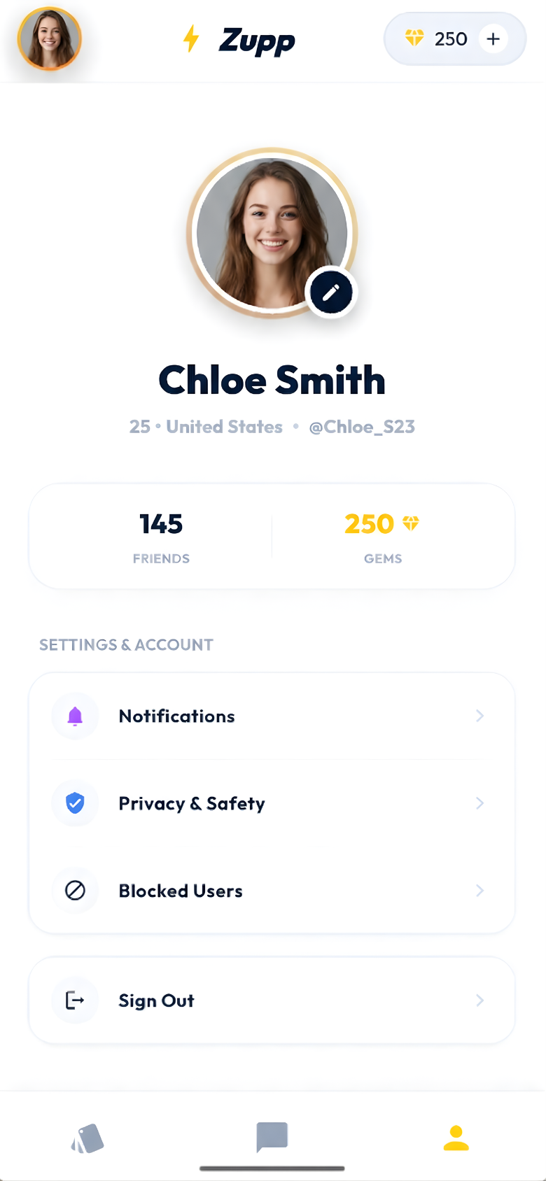 Zupp user profile screen with bio, interests, and photo gallery