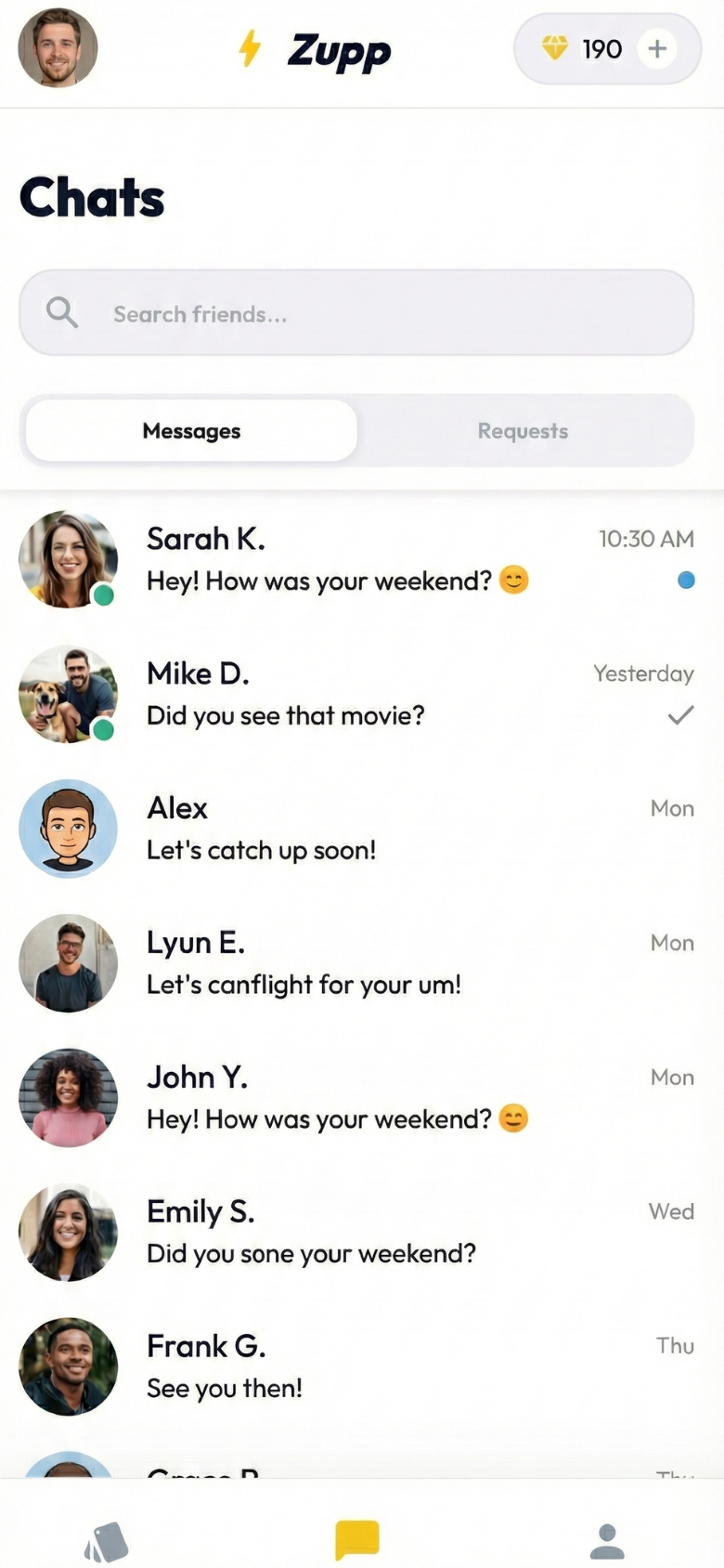 Zupp swipe interface for discovering and connecting with new friends